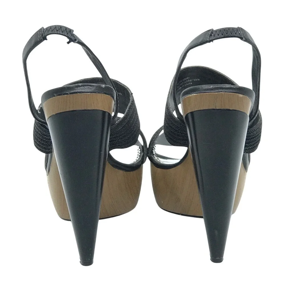 BEBE BLACK & TAN WOODEN PLATFORM‎ SANDAL HIGH HEEL